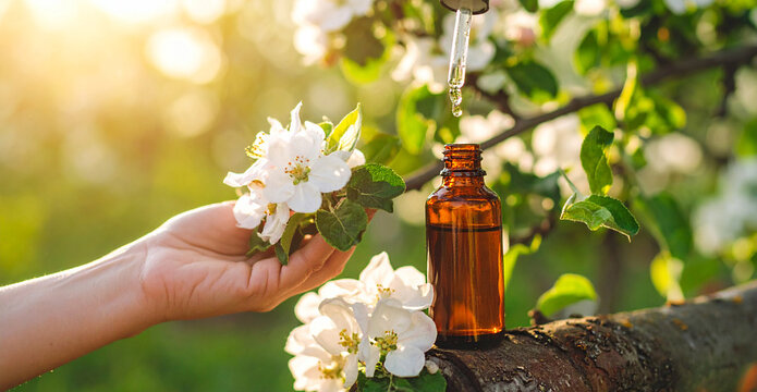 Frasco &acirc;mbar de vidro com o Floral de Bach Cherry Plum em cima de um tronco da &aacute;rvore Cerejeira, Terapia Floral, Pessoa apreciando com as m&atilde;os a flores, pipeta conta gotas com uma ess&ecirc;ncia de floral