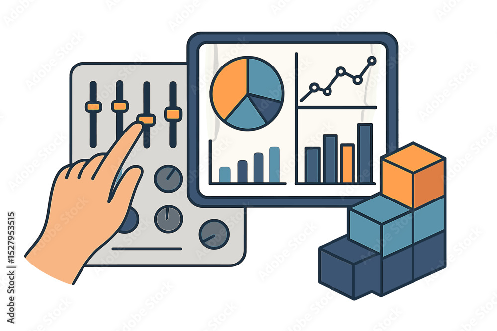 Poster adjusting business data with a dashboard, volume control, and block chart for analysis