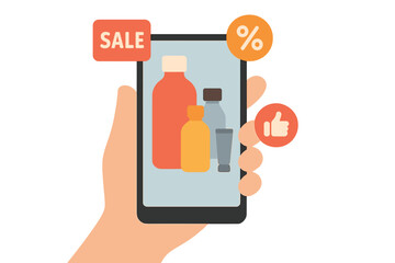 Hand holding smartphone displaying cosmetic product sale with discount and thumbs up