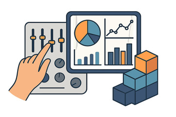 Adjusting business data with a dashboard, volume control, and block chart for analysis