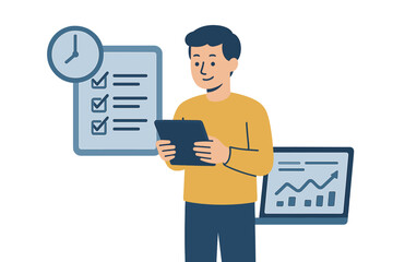Man checks schedule on tablet, deadline reminder, and analyzes charts for business success