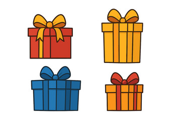 Collection of cartoon gift boxes with ribbons and bows, isolated on white background, vector illustration