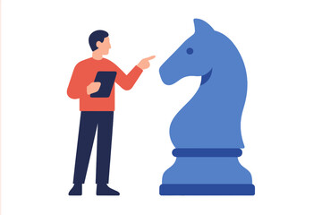 Man with tablet pointing at large chess knight, illustrating strategy and business planning