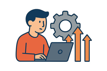 Man uses laptop with gear icon and arrows pointing upwards in white isolated background