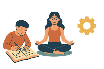 Man writing on paper while woman is meditating in lotus position with gear, vector illustration