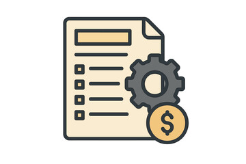 List with checkboxes, gear symbol, and dollar coin symbol isolated as a vector icon