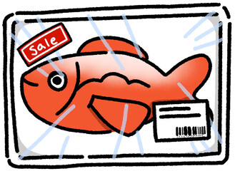 A hand-drawn packaged fish illustration, ideal for grocery shopping designs, seafood-themed stickers, or summer camping ingredient visuals.