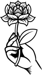 A hand holding a flower design illustration in a vintage woodcut retro tattoo style
