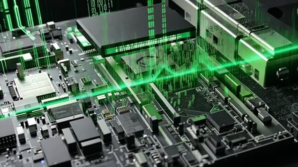 Data flow in a motherboard in pc. Processor among circuits and electronics. motion video. - Powered by Adobe