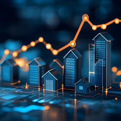 Real Estate Growth: Rising Graphs and Residential Buildings symbolizes the upward trend in property value, development, and investment opportunities. Featuring visual elements like bar graphs, arrows,