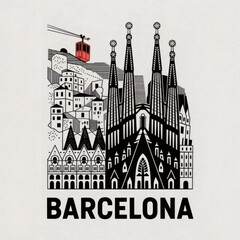 Striking Linocut Print of Barcelonas Architectural Heritage: Sagrada Familia & More