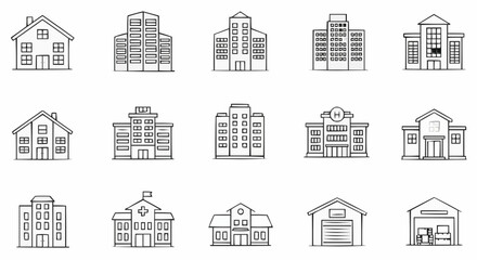 Set of urban building icons: a collection of black silhouette home and residential architecture design elements