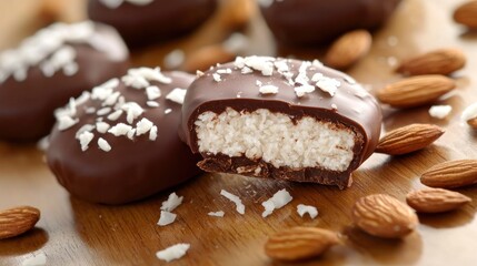 Chocolate-coated almond cookies with coconut flakes on a wooden surface.