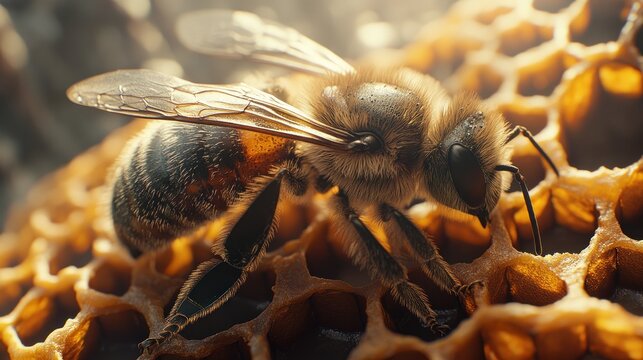 Close-up of a honeybee on honeycomb.  Golden honeycombs, detailed structure, bee in focus. Sunlight highlights the surface
