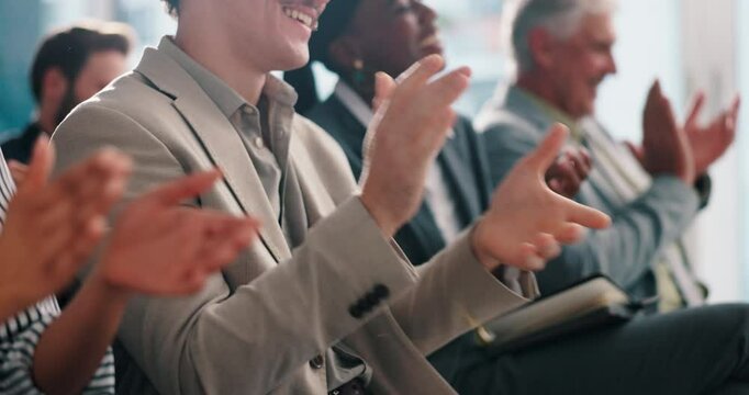 Audience, applause and hands in workshop, celebration or success for training session or group. Clapping, colleagues and achievement for people in seminar, crowd and thank you for presentation