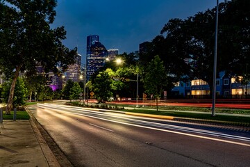 View of Allen Parkway with Downtown Houston is the background at Night