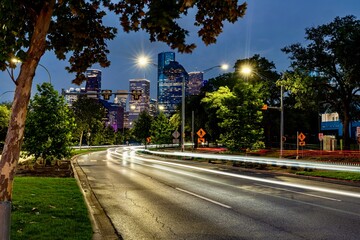 View of Allen Parkway with Downtown Houston is the background at Night