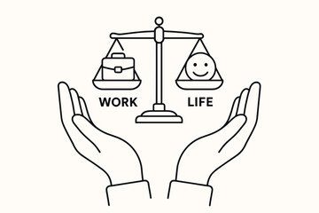 Work life balance concept. Hands holding a scale with work briefcase and life happy face. Vector icon for harmony, wellbeing, mental health, career choice, and lifestyle priorities.