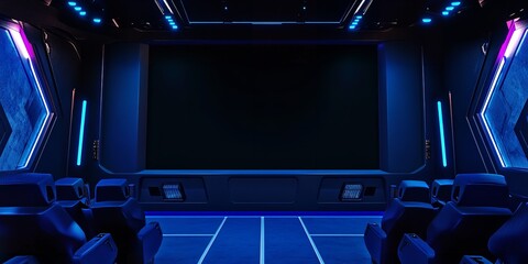 Obraz premium Empty Spaceship Control Room with Large Screen and Blue Cinematic Lighting