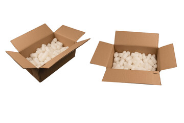 Cardboard box and white filling material in it isolated on a white background.