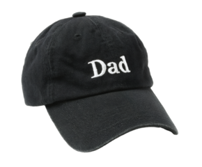 A black dad hat with white embroidered text, perfect for celebrating fathers.