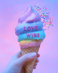 "Love Wins" Glitter Ice Cream Cone - Rainbow Pride Dessert