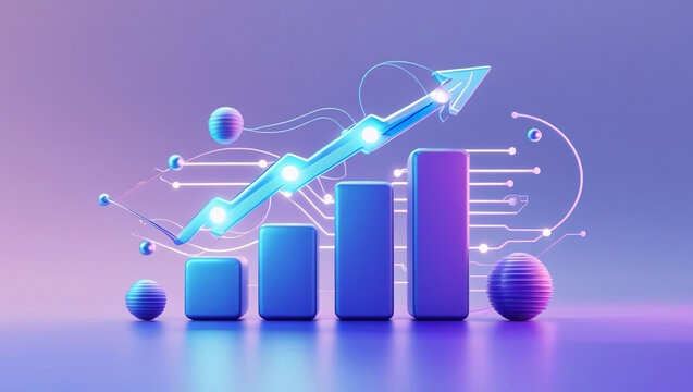A digital rendering of a rising graph with bars and an upward arrow on a purple background