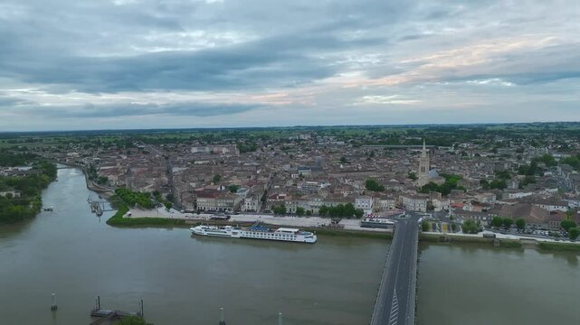 Twilight over Libourne from a drone, Gironde, Nouvelle-Aquitaine, Saint-&Eacute;milion and Pomerol, Southwestern France, Europe