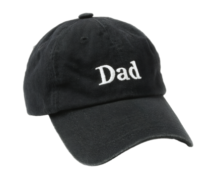 A black dad hat with white embroidered text, perfect for celebrating fathers.