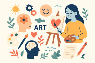 Art therapy for mental health and emotional healing concept. Creative process with painting for self-care and mindfulness. Psychology icons for wellness, brain and personal growth.