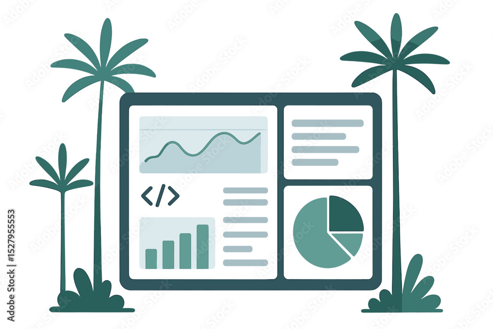 Poster analyzing data on a tablet surrounded by palm trees and bushes in green