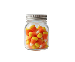 Candy corn fills a glass jar, perfect for Halloween and other celebrations.