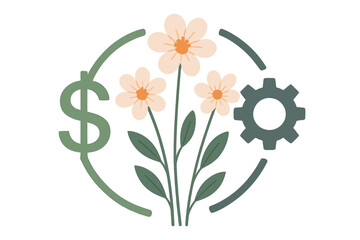 Cartoon vector graphic displays flowers, a gear, and a dollar sign within a circular design representing financial growth