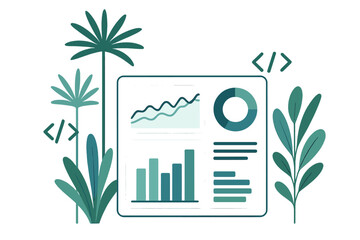 Illustration of data visualization dashboard with code and plants, isolated