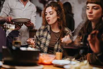 A warm gathering of friends enjoying a meal together, sharing laughter, and drinking wine at a dinner table. The photo conveys a sense of friendship, relaxation, and lively conversation.