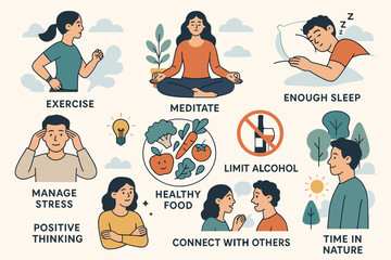 Mindful living strategies infographic set for mental health and well-being. Healthy lifestyle habits collection includes exercise, meditate, sleep, healthy food, and manage stress.