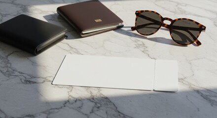 Stylish Essentials on Marble: A Blank Ticket Invitation, Leather Journal, and Sunglasses bathed in Soft Sunlight for Your Travel and Lifestyle Projects