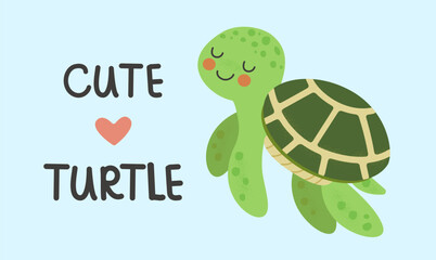 The playful illustrations feature a cute little turtle. Children's illustration style. Underwater life