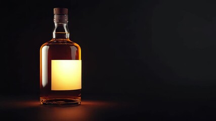 Whiskey bottle with blank label glowing under warm light, realistic style, set against a dark background. Concept of alcohol branding