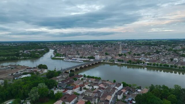 Twilight over Libourne from a drone, Gironde, Nouvelle-Aquitaine, Saint-&Eacute;milion and Pomerol, Southwestern France, Europe