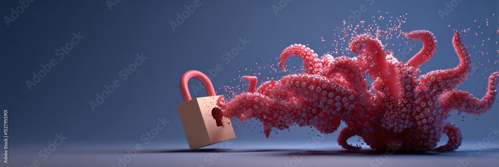 Poster Melting 3D Lock Icon Dissolving Into Phishing Tentacles in a Surreal Digital Environment