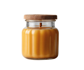 An amber candle sits in a glass jar, creating a warm and inviting ambiance.