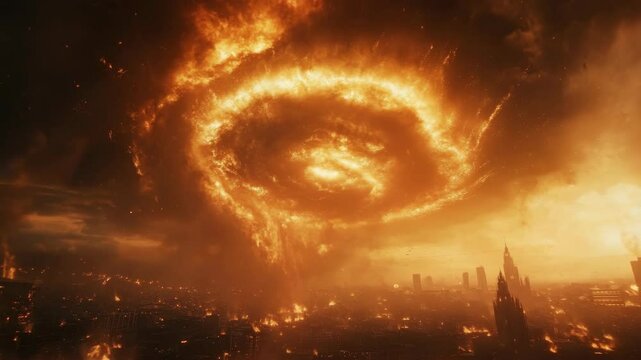 Massive fiery vortex spirals above a burning cityscape, dramatic cinematic style, dark smoky background. Concept of apocalypse and destruction