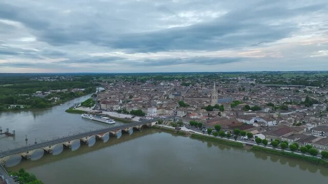 Twilight over Libourne from a drone, Gironde, Nouvelle-Aquitaine, Saint-&Eacute;milion and Pomerol, Southwestern France, Europe