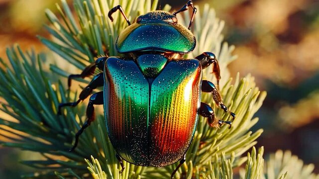 Vibrant iridescent beetle on pine needles