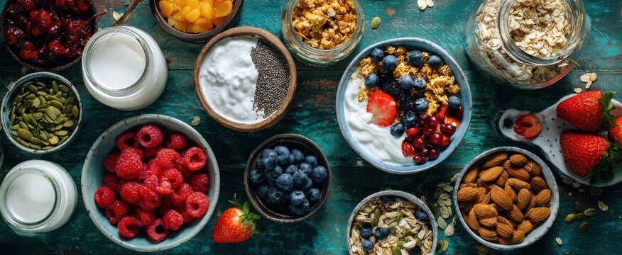 The vibrant spread of healthy breakfast ingredients in decorative bowls.