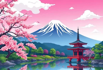Selbstklebende Fototapeten Vibrant cartoon vector illustration of a Japanese landscape featuring Mount Fuji, cherry blossoms, a pagoda, and a lake,  element,  cherry blossom © Pimchada