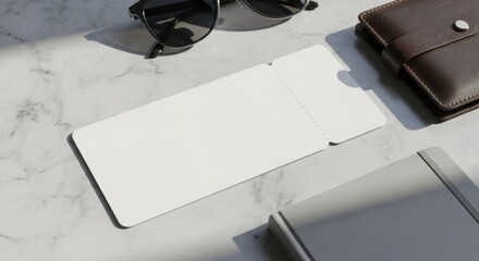 Blank white voucher mockup on a modern marble surface with elegant lifestyle accessories, perfect for branding, promotions, or gift card presentations, featuring natural sunlight