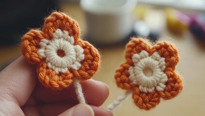 Two crocheted orange and cream flowers held by a hand