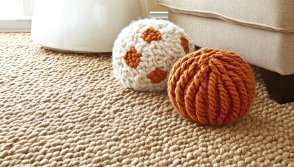 Two knitted balls rest on a textured rug
